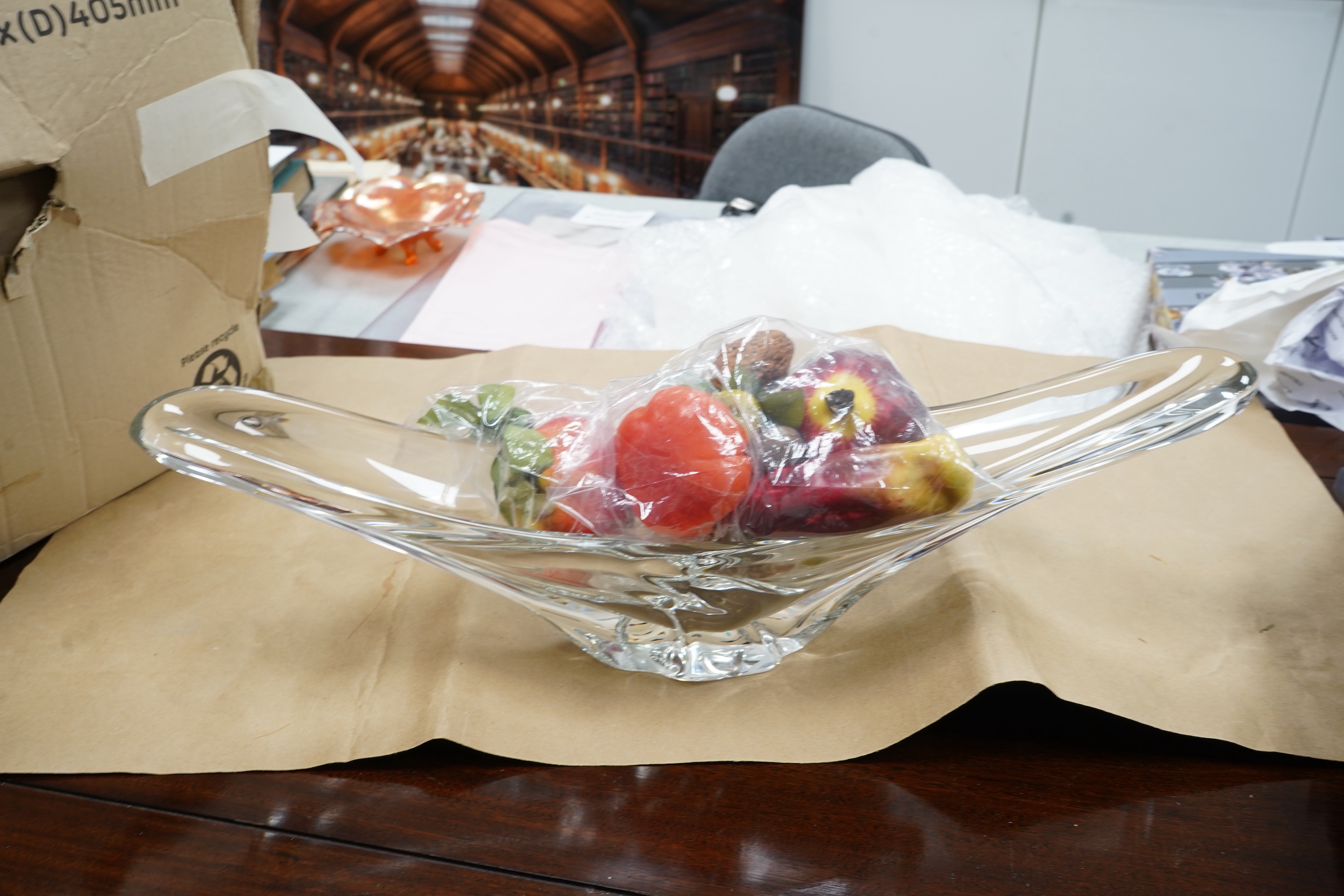 Daum crystal glass centrepiece bowl , Swallowtail form, 60 cm wide (together with artificial veg etc)